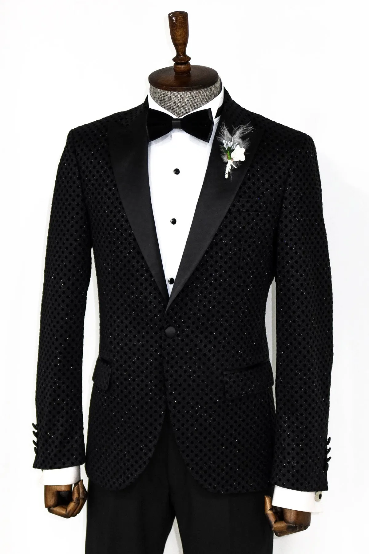 Sequin Dot Patterned Black Men Sparkly Singer Tuxedo Jacket - Wessi sold by Wessi product image thumbnail 5