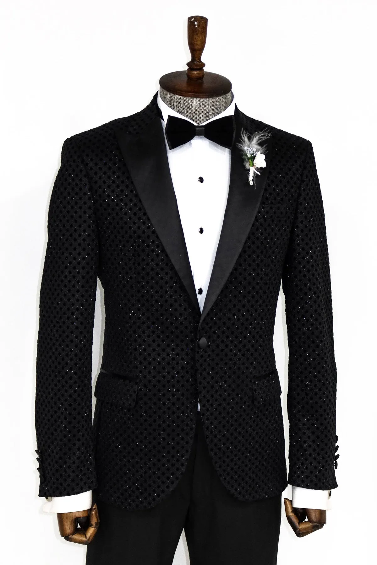Sequin Dot Patterned Black Men Sparkly Singer Tuxedo Jacket - Wessi sold by Wessi product image thumbnail 3