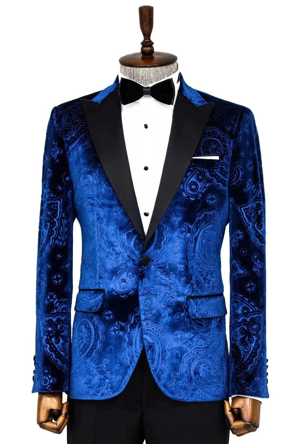 Floral Patterned Velvet Navy Blue Men Tuxedo Blazer - Wessi sold by Wessi
