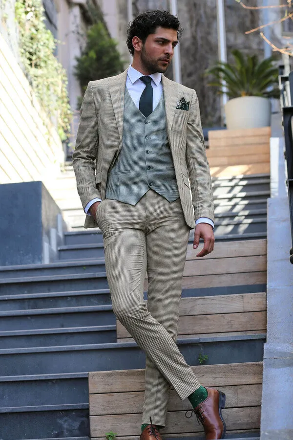 Checked Patterned Slim Fit Beige Men Suit - Wessi sold by Wessi product image thumbnail 2