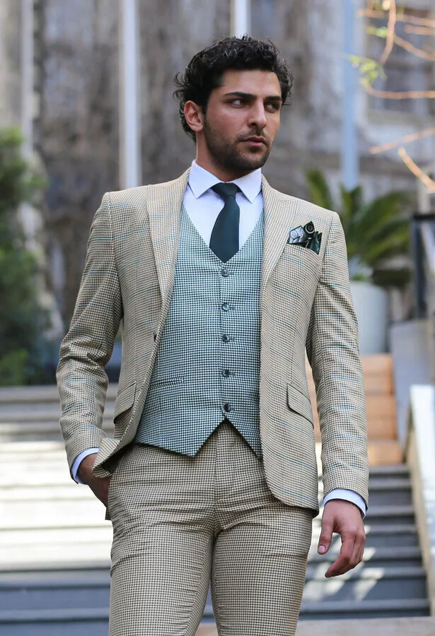 Checked Patterned Slim Fit Beige Men Suit - Wessi sold by Wessi product image thumbnail 3