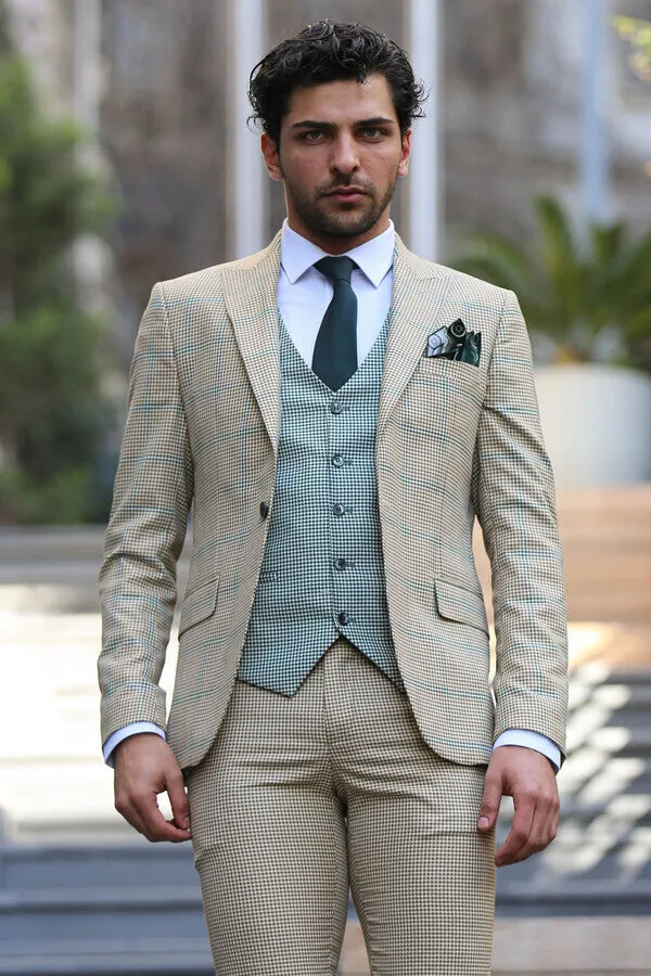 Checked Patterned Slim Fit Beige Men Suit - Wessi sold by Wessi