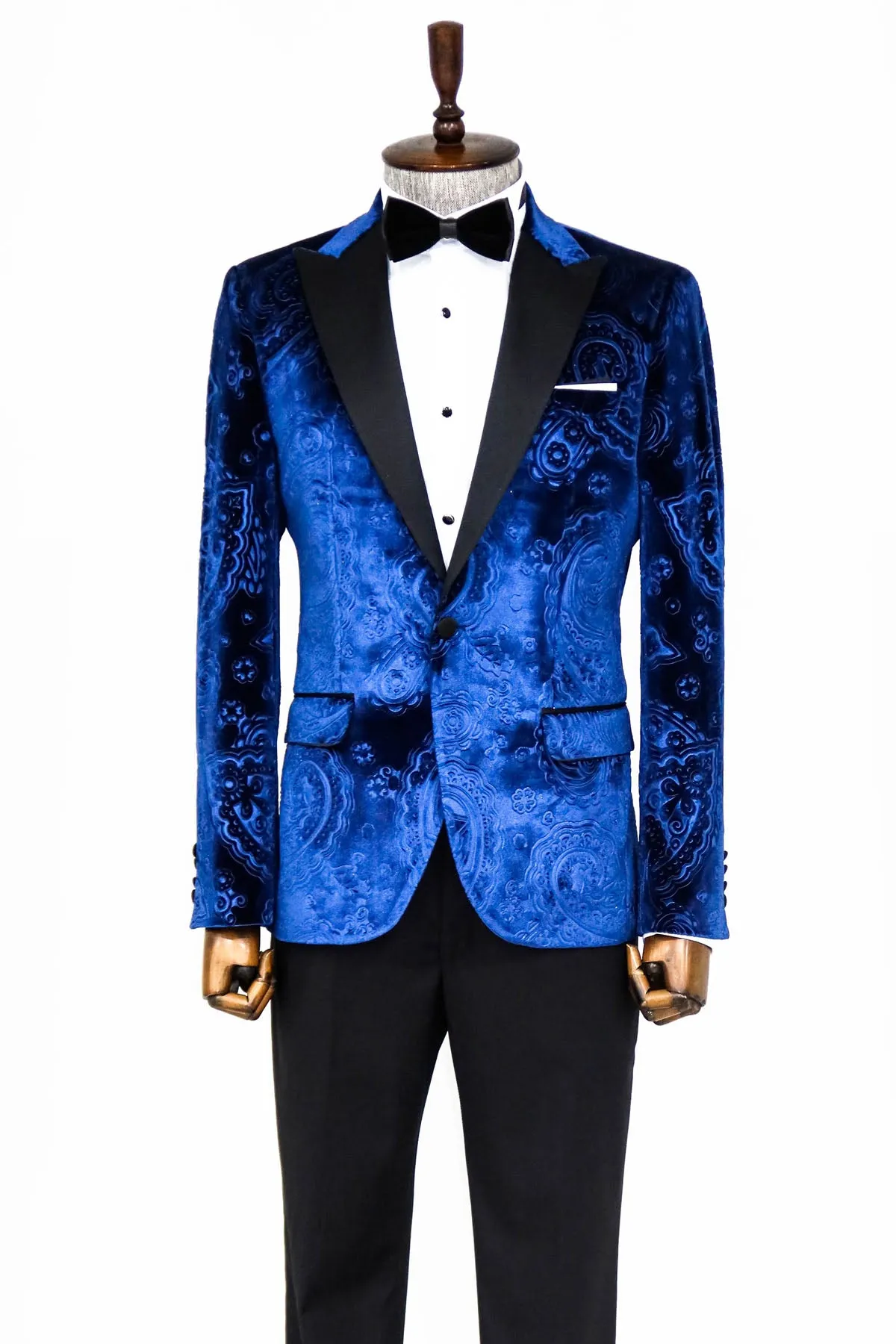 Floral Patterned Velvet Navy Blue Men Tuxedo Blazer - Wessi sold by Wessi product image thumbnail 4
