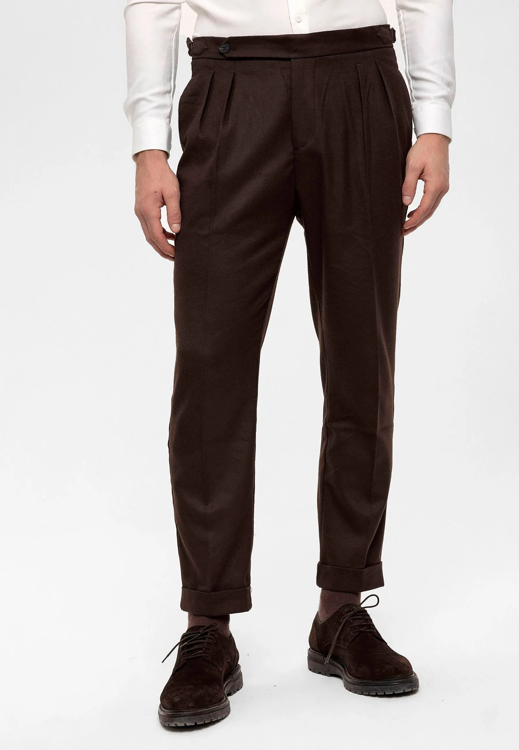 Men's Brown High Waist Double Pleated Trousers - Wessi sold by Wessi product image thumbnail 4