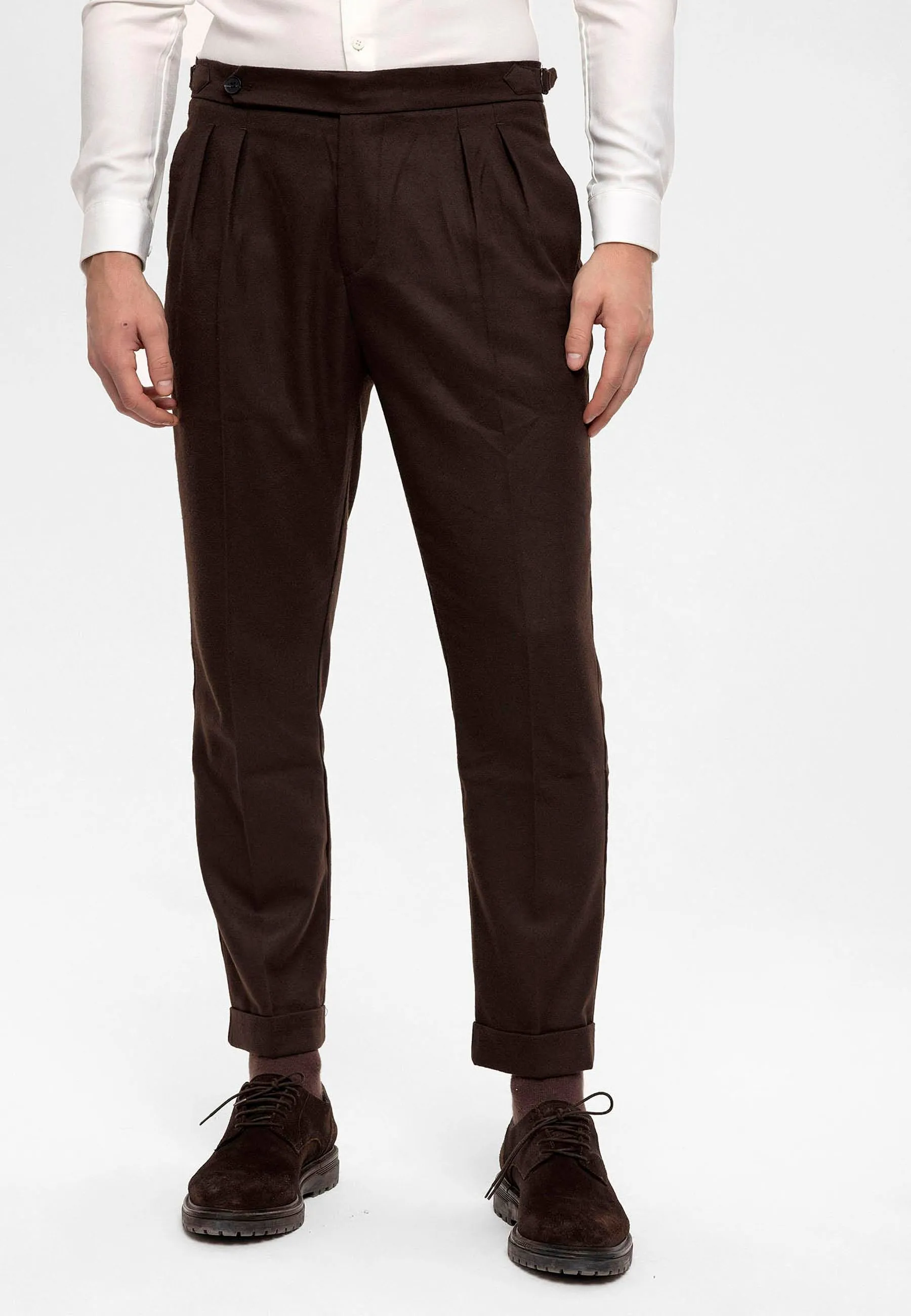 Men's Brown High Waist Double Pleated Trousers - Wessi sold by Wessi product image thumbnail 2
