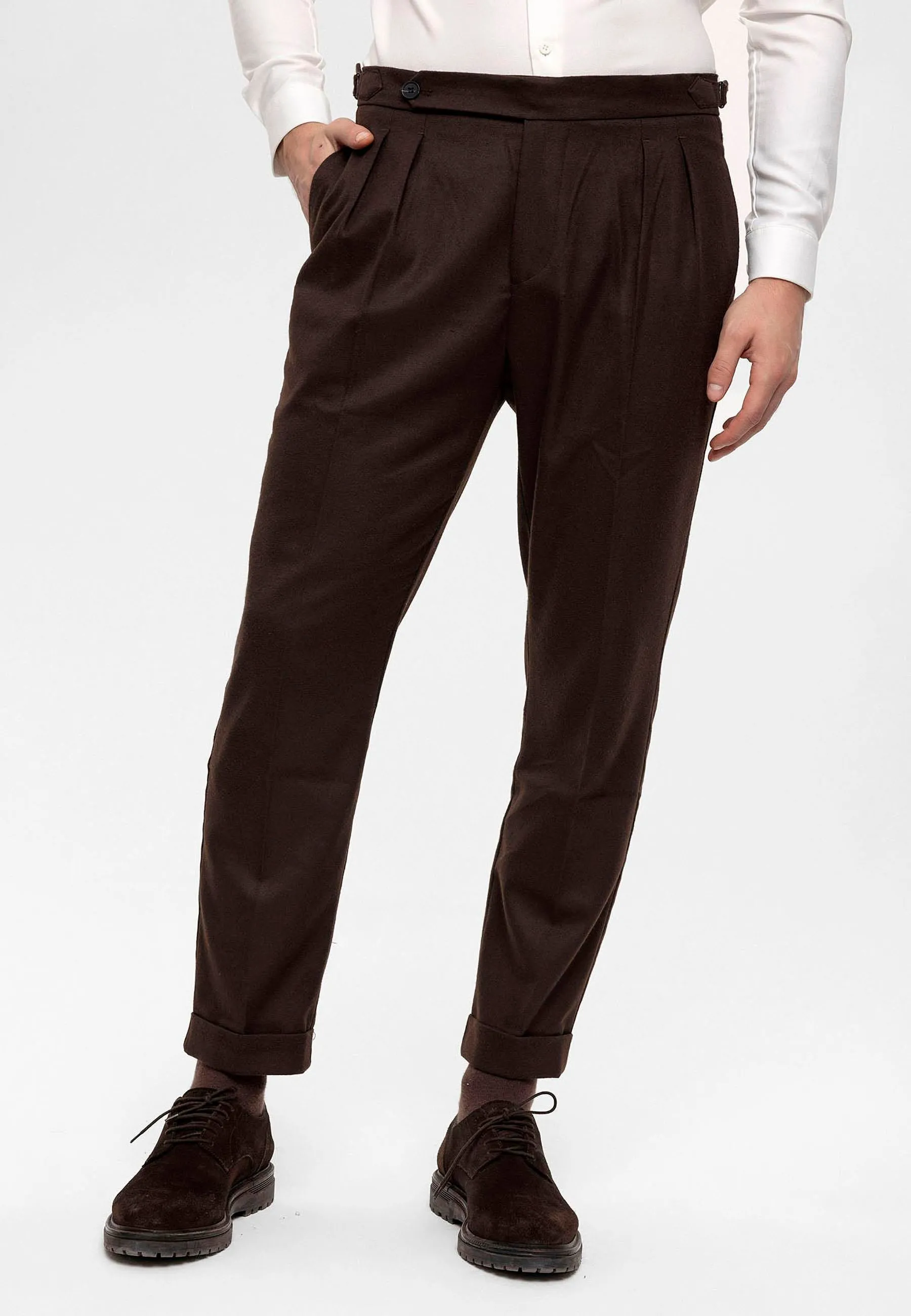 Men's Brown High Waist Double Pleated Trousers - Wessi sold by Wessi product image thumbnail 3