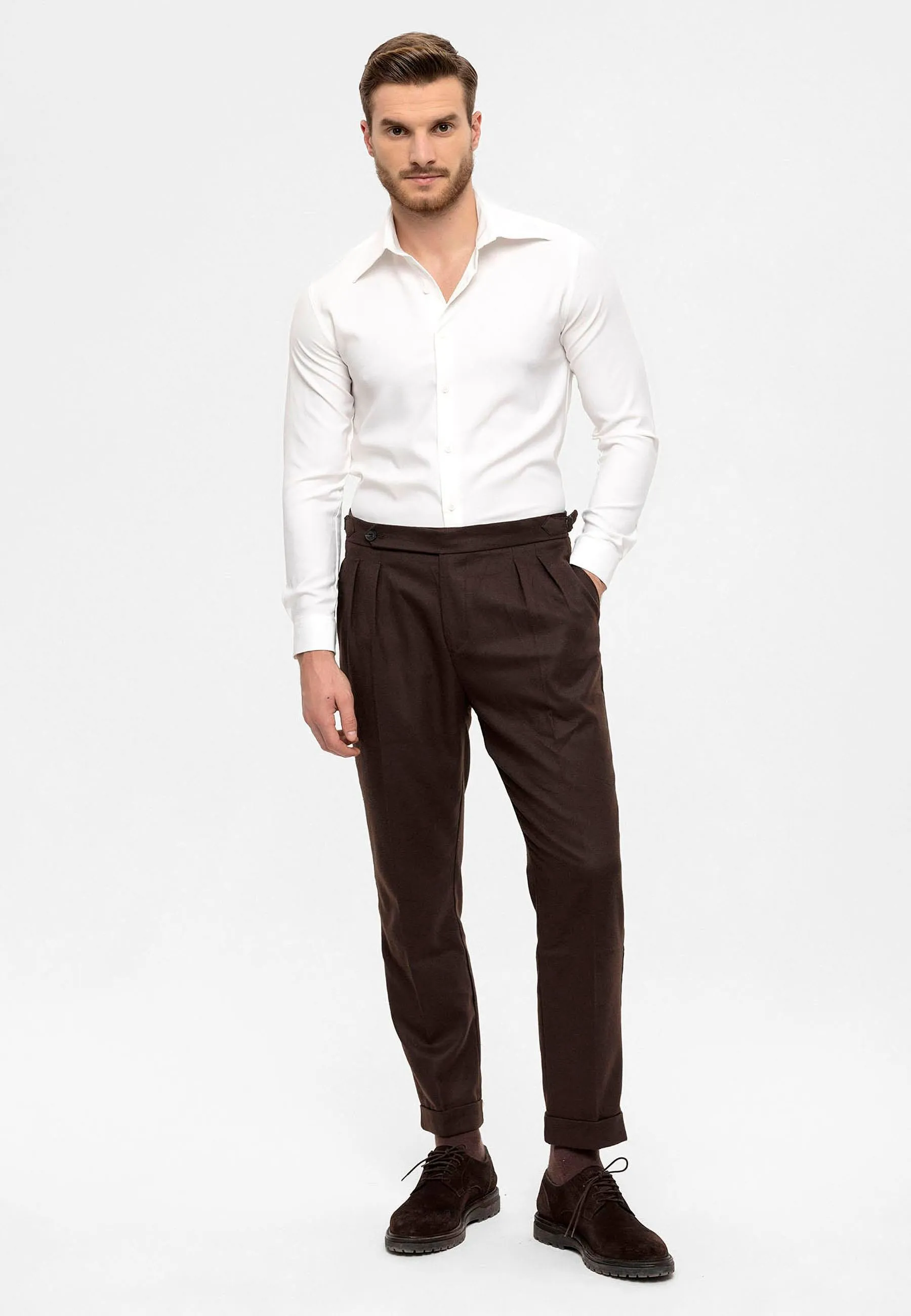 Men's Brown High Waist Double Pleated Trousers - Wessi sold by Wessi