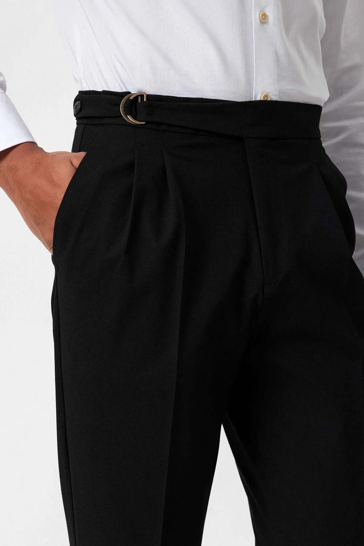 Black High Waist Buckle Closure Pleated Men's Trousers - Wessi sold by Wessi product image thumbnail 4
