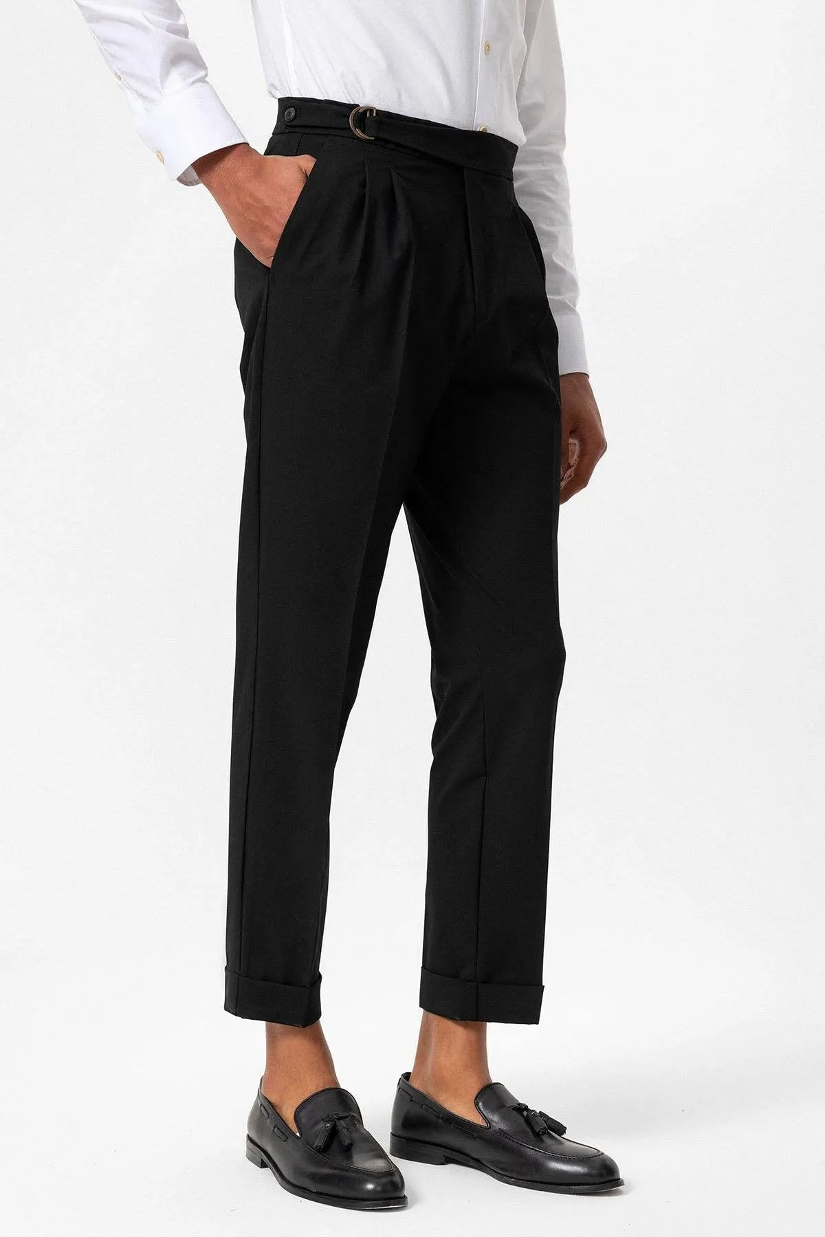 Black High Waist Buckle Closure Pleated Men's Trousers - Wessi sold by Wessi product image thumbnail 2