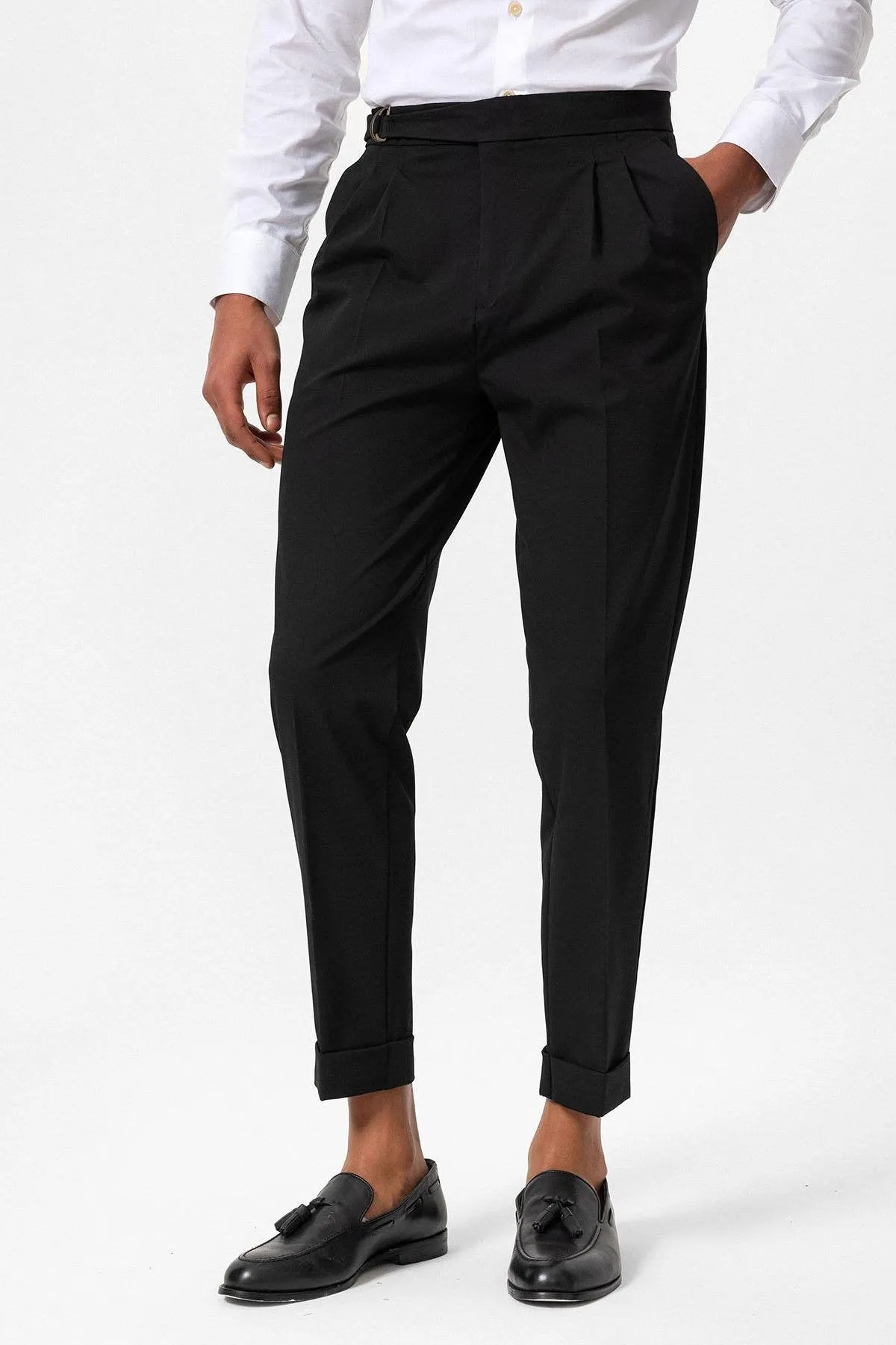 Black High Waist Buckle Closure Pleated Men's Trousers - Wessi sold by Wessi