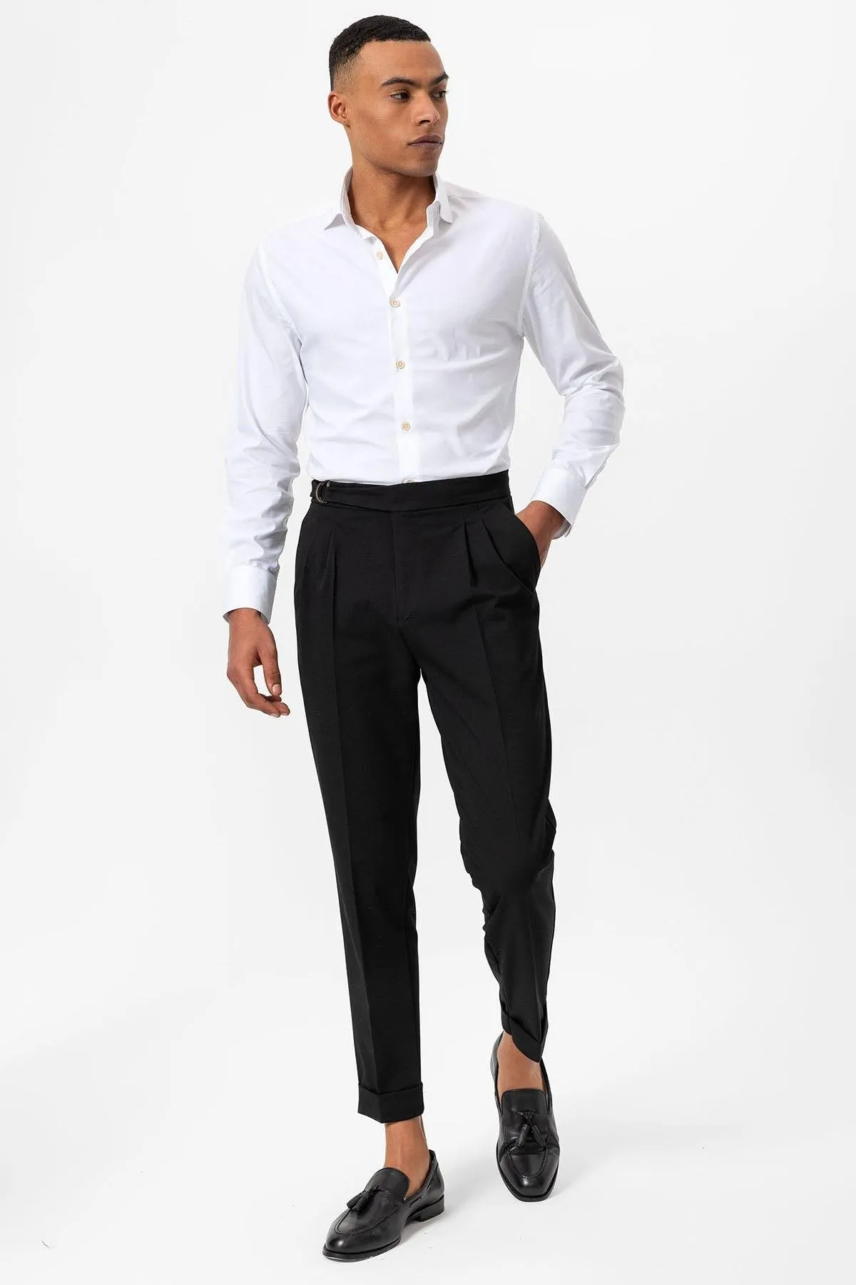 Black High Waist Buckle Closure Pleated Men's Trousers - Wessi sold by Wessi product image thumbnail 3