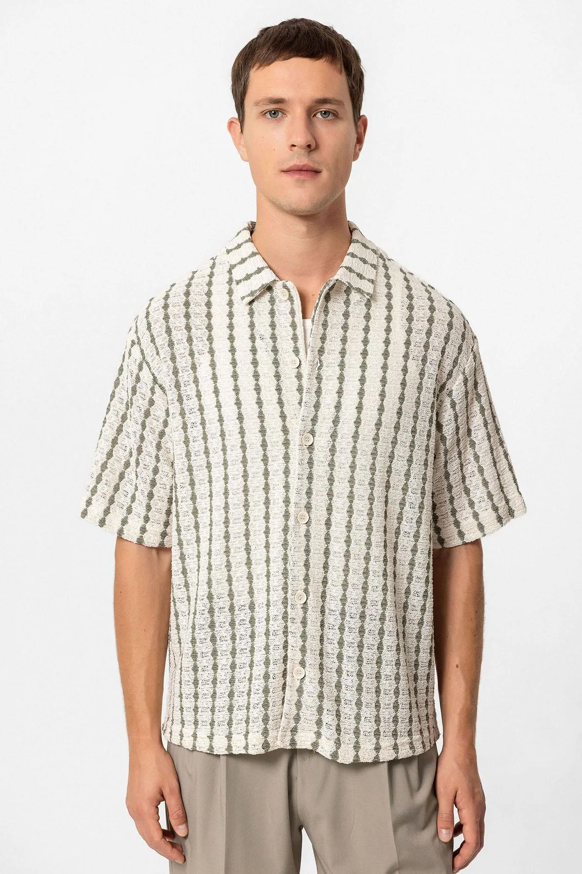 Men's Khaki Striped Knit Short-Sleeve Shirt - Wessi sold by Wessi
