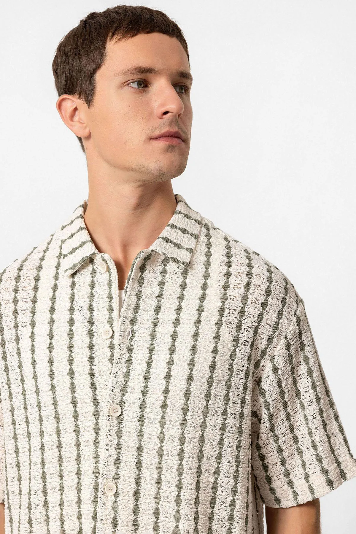 Men's Khaki Striped Knit Short-Sleeve Shirt - Wessi sold by Wessi product image thumbnail 5