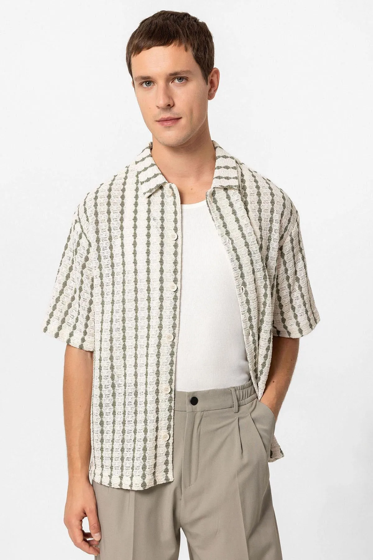 Men's Khaki Striped Knit Short-Sleeve Shirt - Wessi sold by Wessi product image thumbnail 4