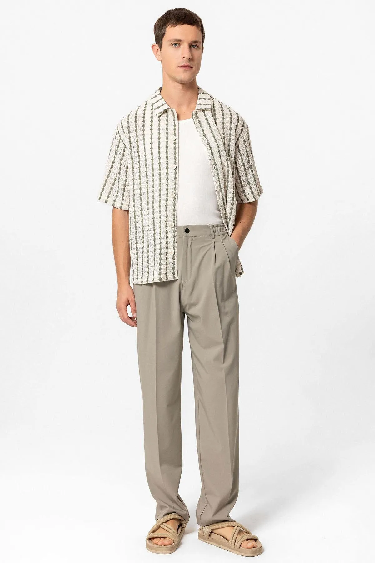 Men's Khaki Striped Knit Short-Sleeve Shirt - Wessi sold by Wessi product image thumbnail 2