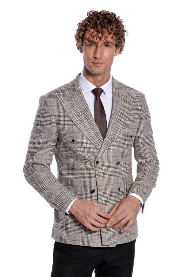 Checked Double Breasted Brown Men Blazer - Wessi sold by Wessi