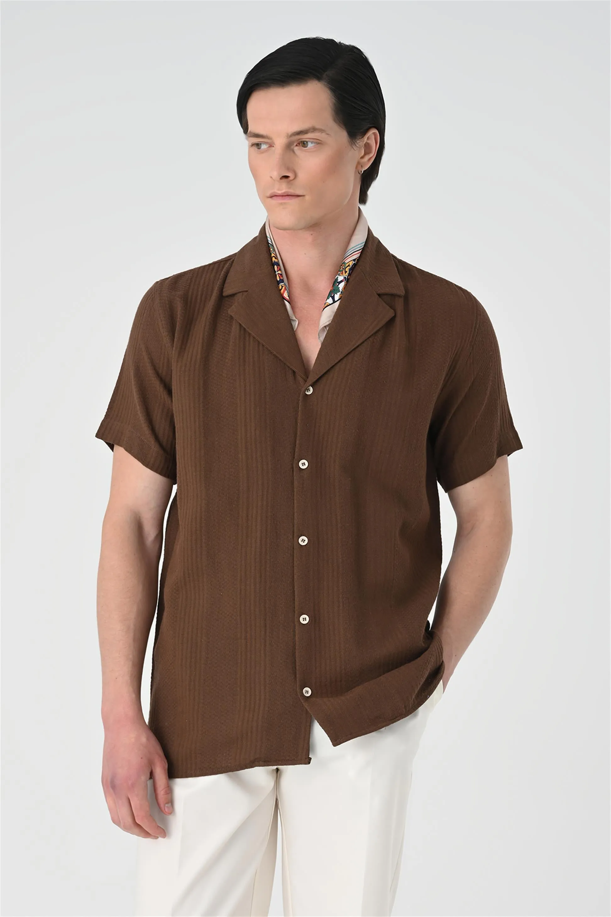 Men's Brown Woven Patterned Short Sleeve Shirt - Wessi sold by Wessi product image thumbnail 2