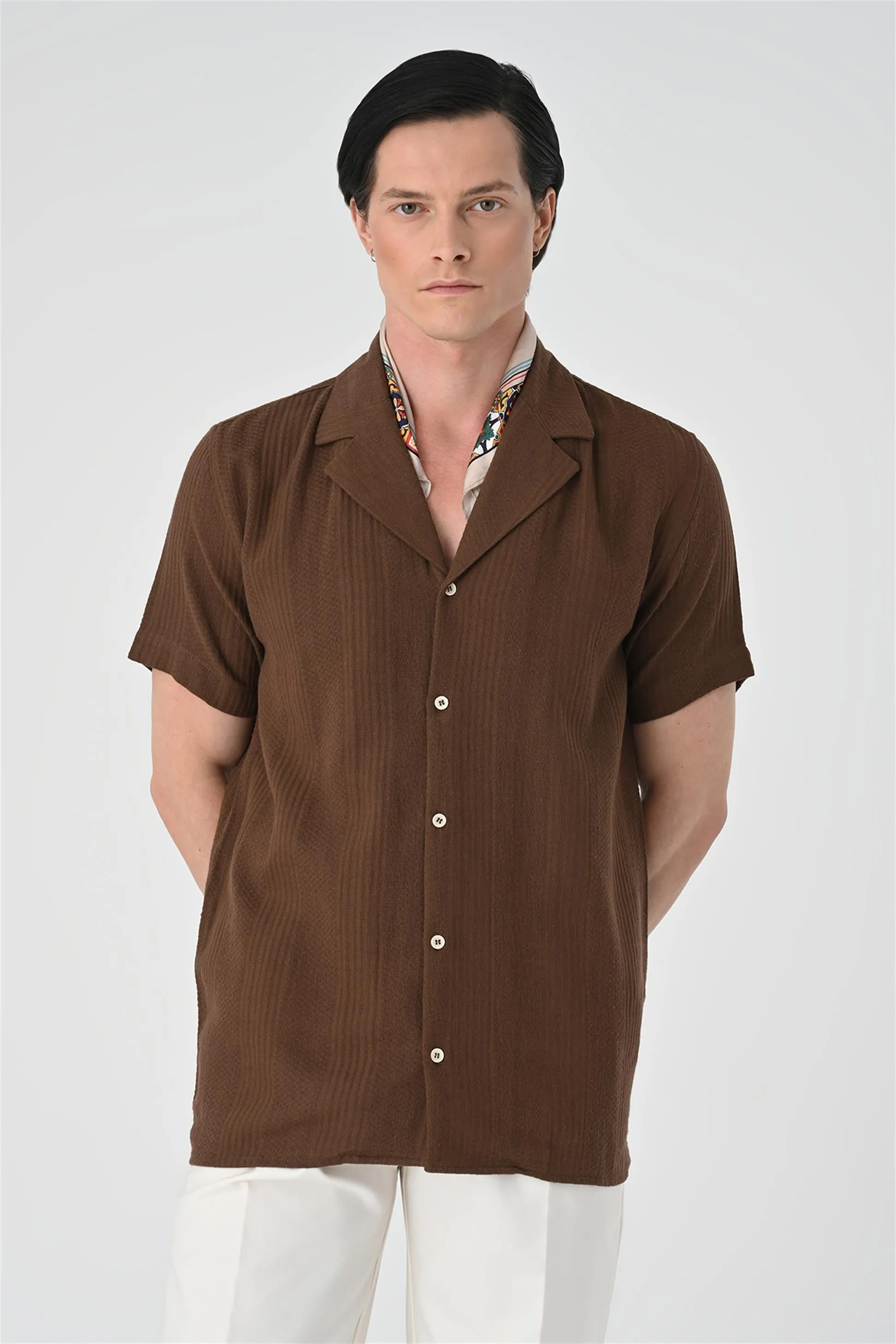 Men's Brown Woven Patterned Short Sleeve Shirt - Wessi sold by Wessi product image thumbnail 3