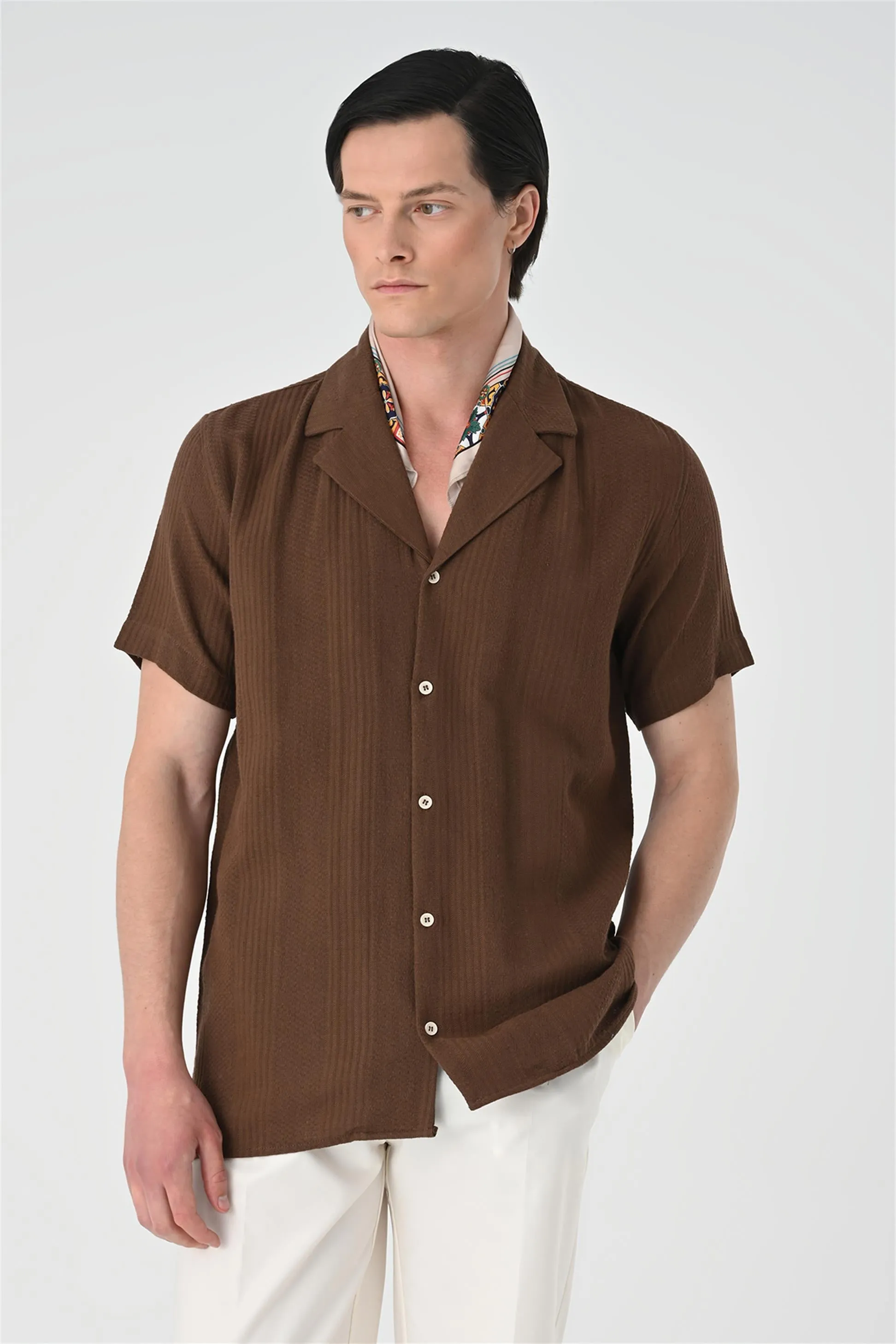 Men's Brown Woven Patterned Short Sleeve Shirt - Wessi sold by Wessi product image thumbnail 4