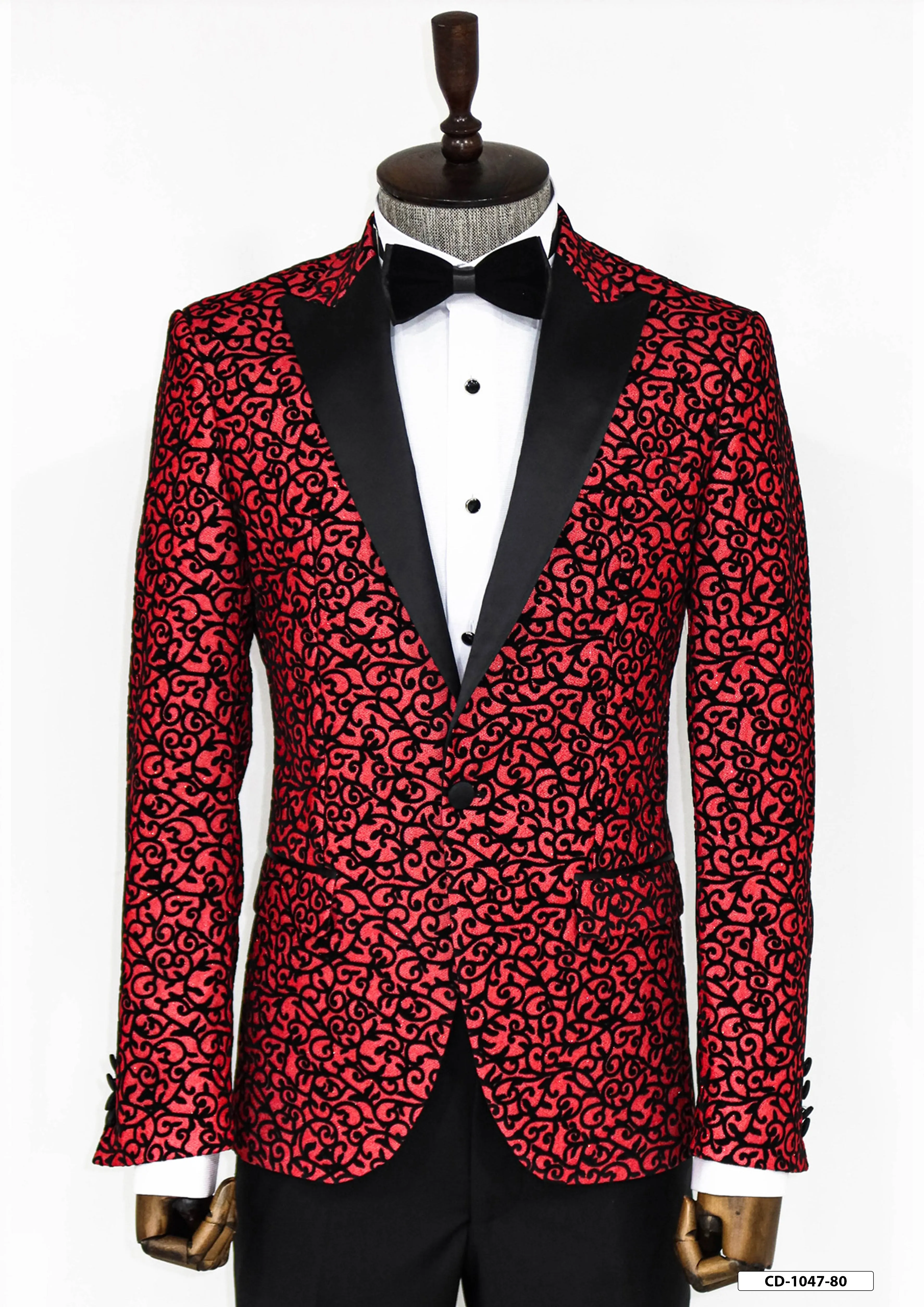 Scroll Patterned Burgundy Men Stage Tuxedo Blazer - Wessi sold by Wessi