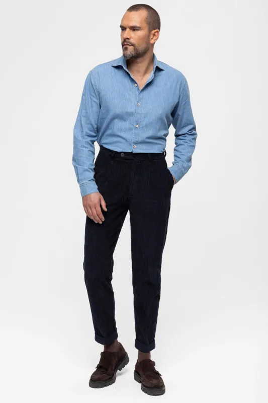 Men's Navy Blue High Waist Pleated Velvet  Trousers - Wessi sold by Wessi