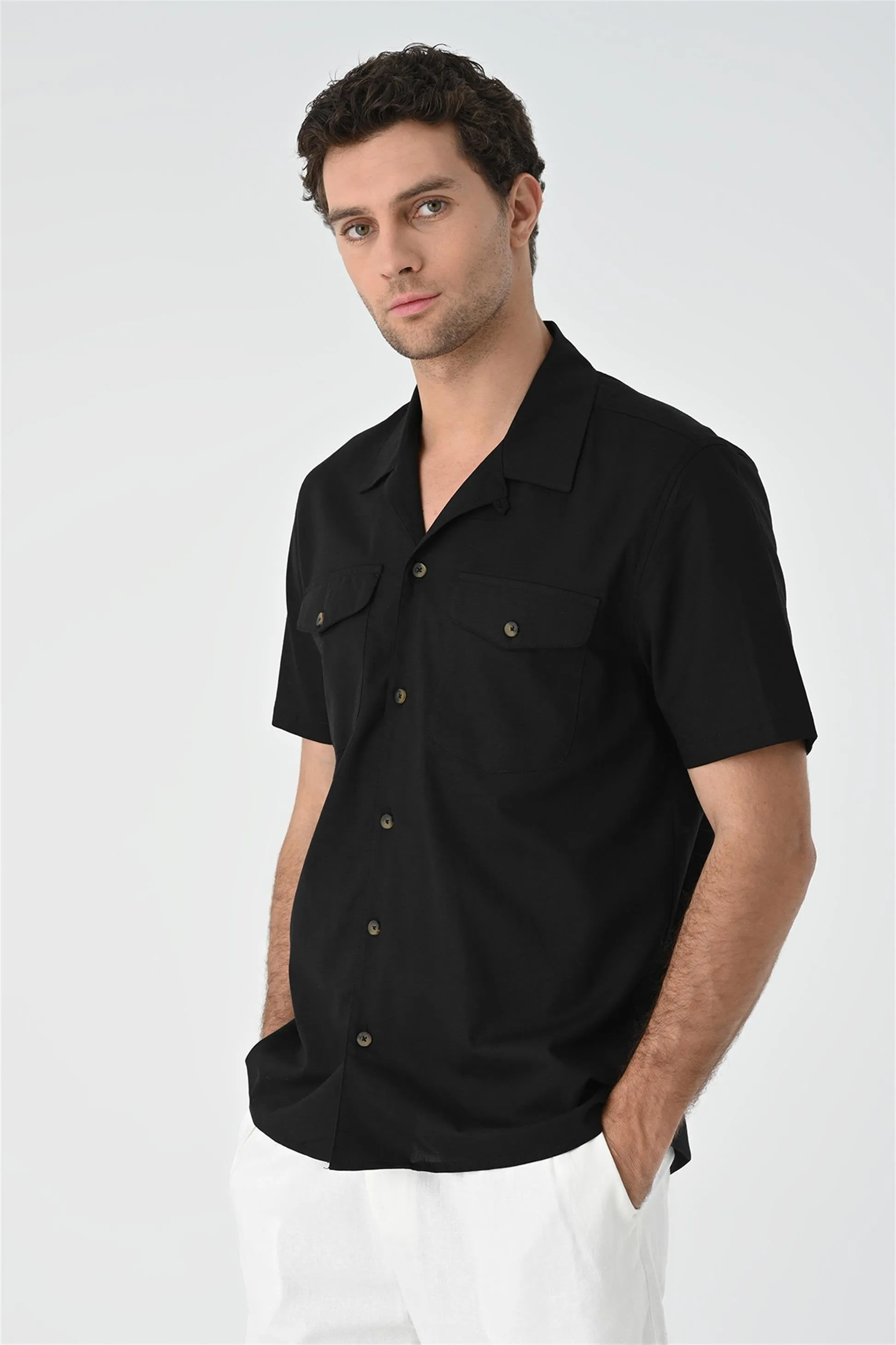 Black Camp Collar Pocket Detailed Men's Shirt - Wessi sold by Wessi product image thumbnail 3