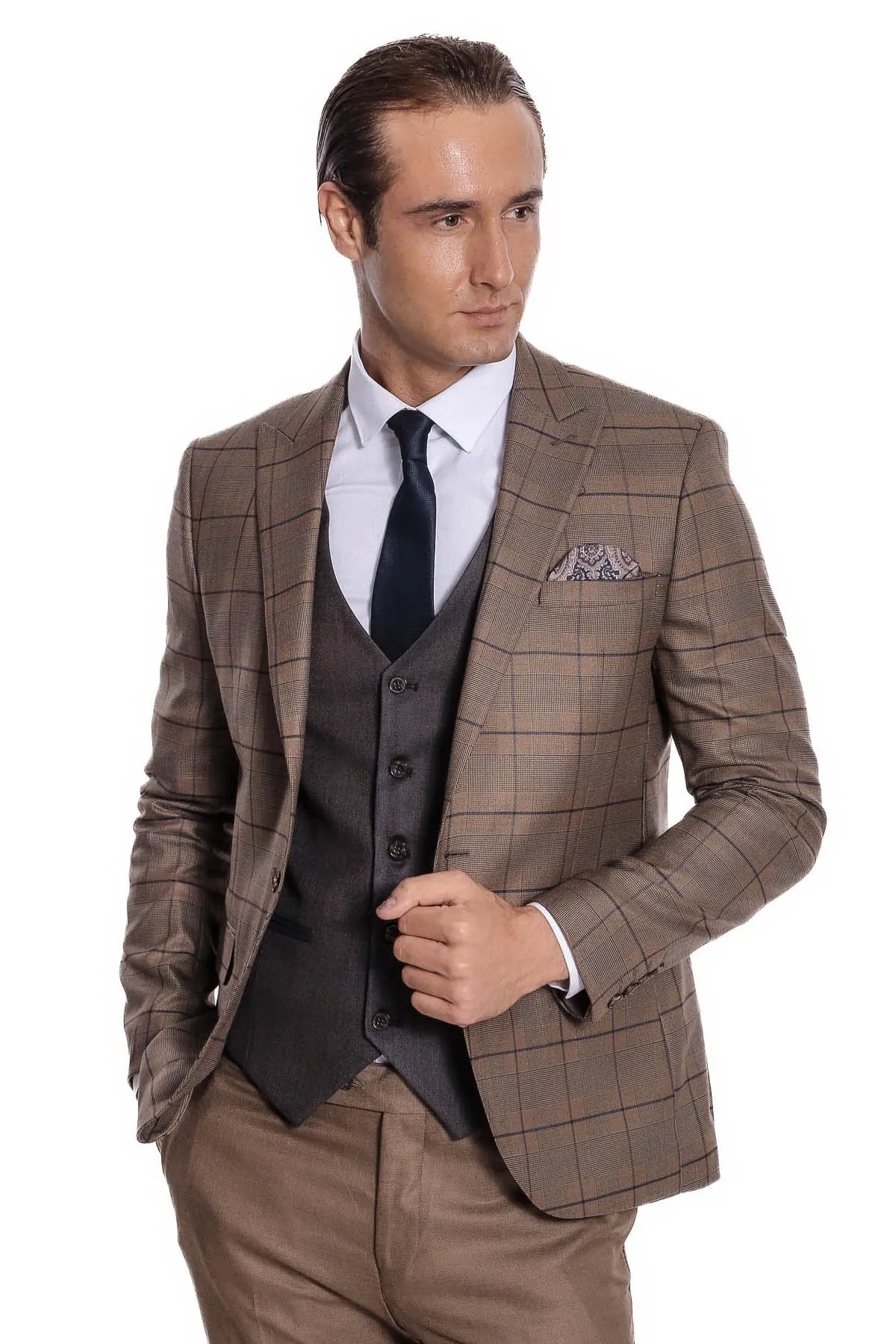 Slim Fit Checked Brown Men Suit - Wessi sold by Wessi