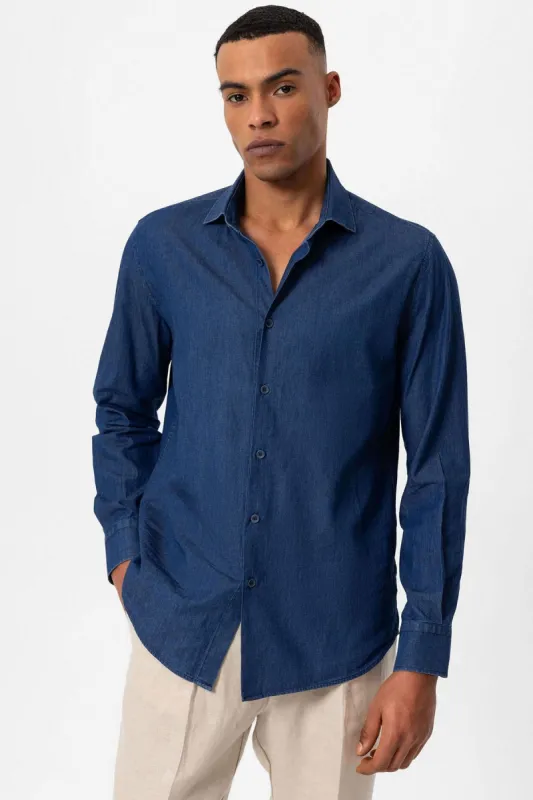 Men's Navy Blue Long-Sleeve Denim Shirt - Wessi sold by Wessi
