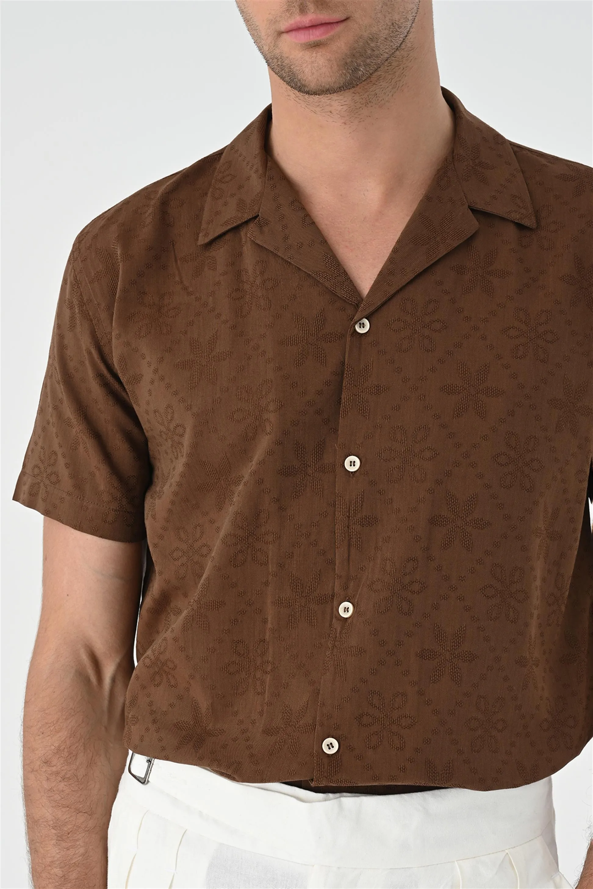 Brown Knitted Patterned Men's Shirt with Camp Collar - Wessi sold by Wessi product image thumbnail 4