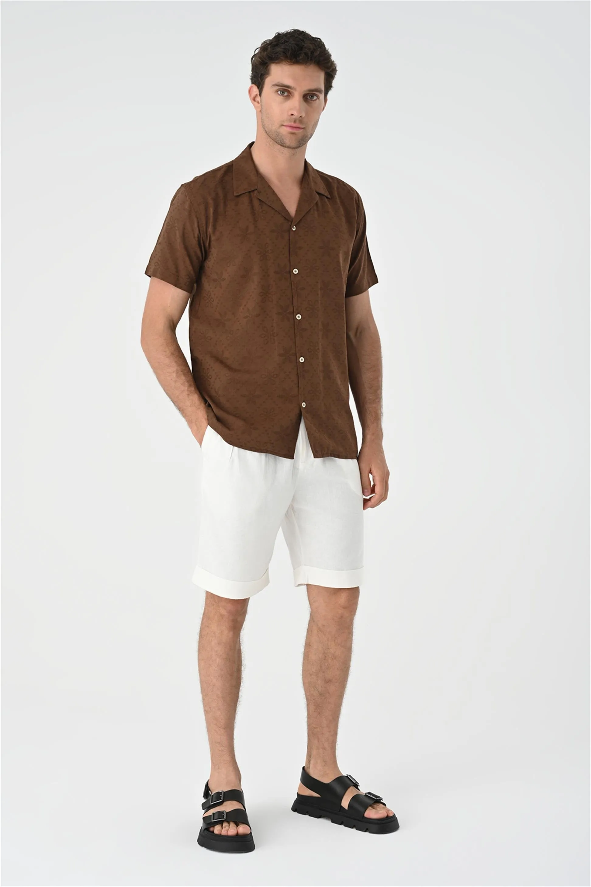 Brown Knitted Patterned Men's Shirt with Camp Collar - Wessi sold by Wessi product image thumbnail 2