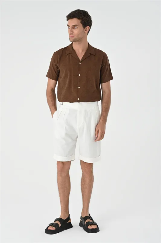 Brown Knitted Patterned Men's Shirt with Camp Collar - Wessi sold by Wessi