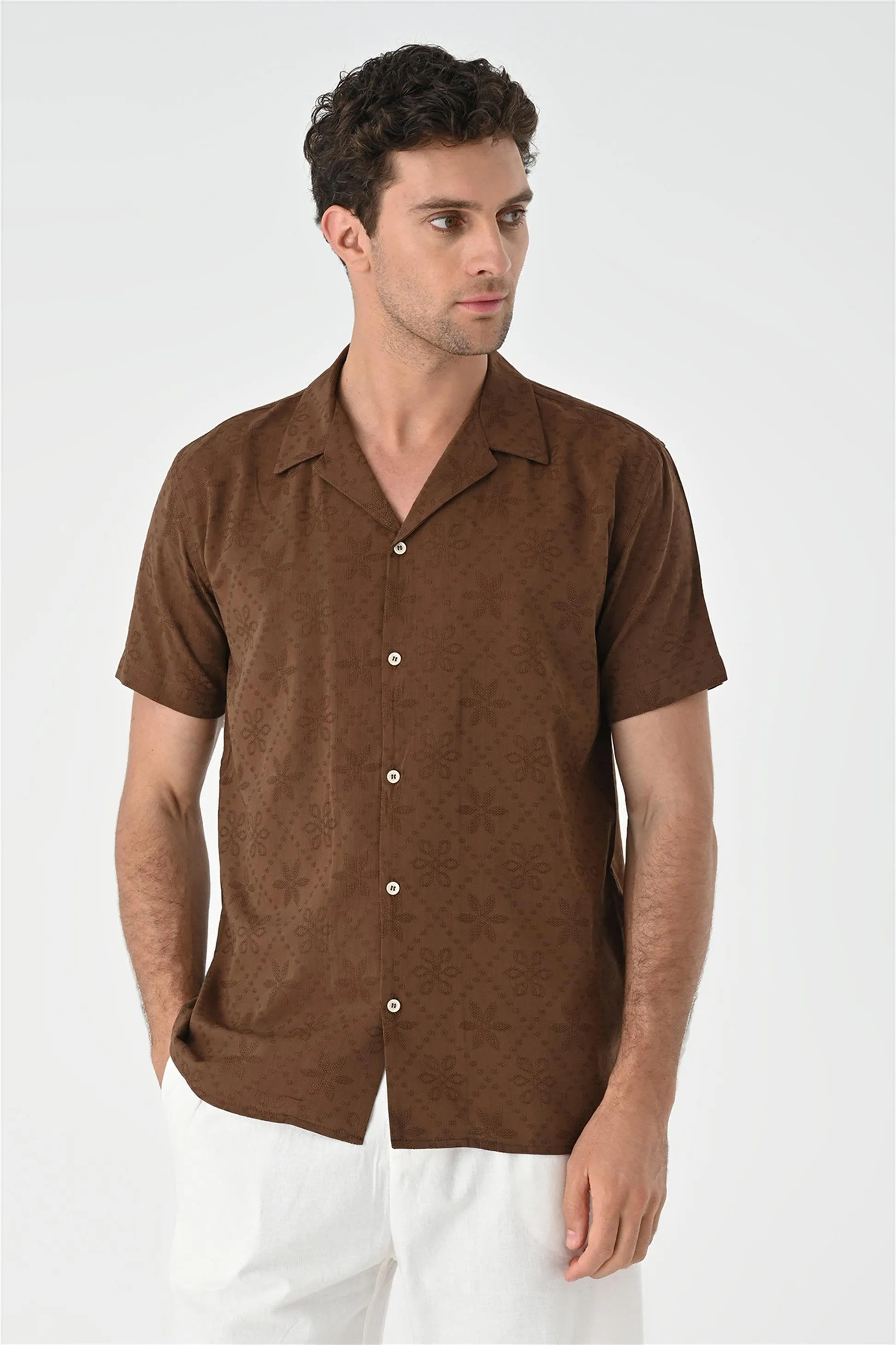 Brown Knitted Patterned Men's Shirt with Camp Collar - Wessi sold by Wessi product image thumbnail 3