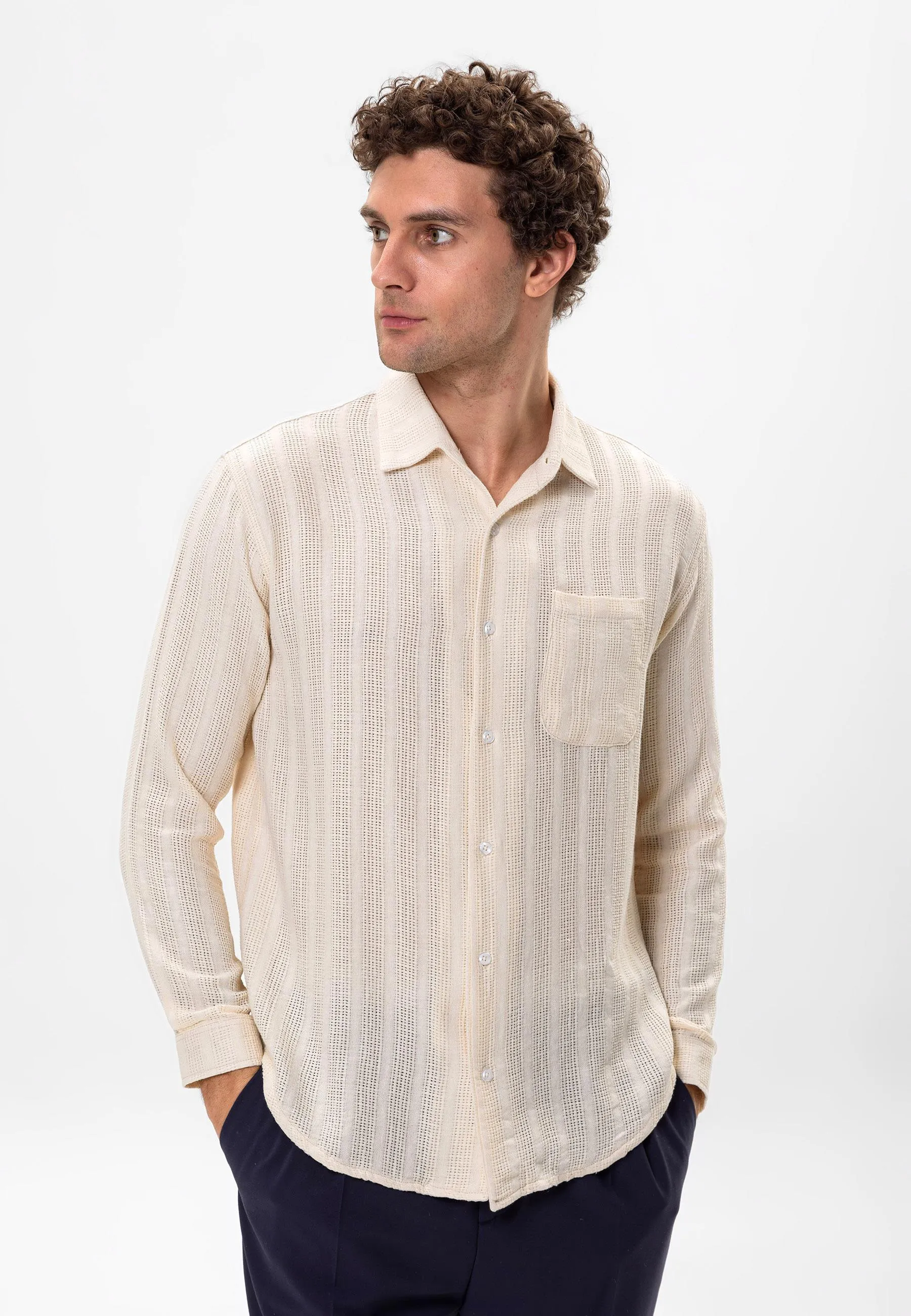 Ecru Knitted Detailed Men's Shirt - Wessi sold by Wessi product image thumbnail 4