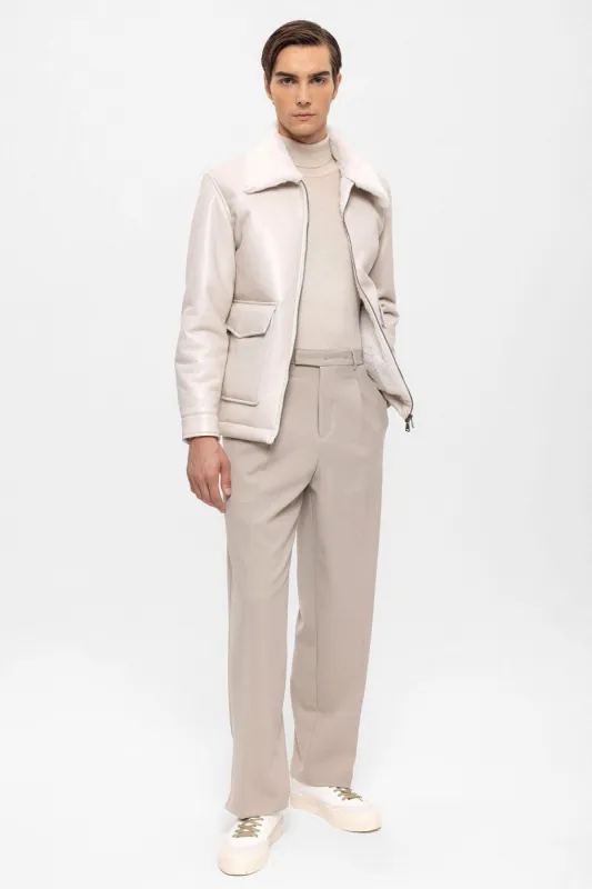 Men's Ecru Lining Detailed Faux Leather Coat - Wessi sold by Wessi