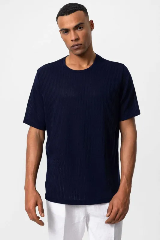 Men's Navy Blue Crew Neck Ribbed T-Shirt - Wessi sold by Wessi