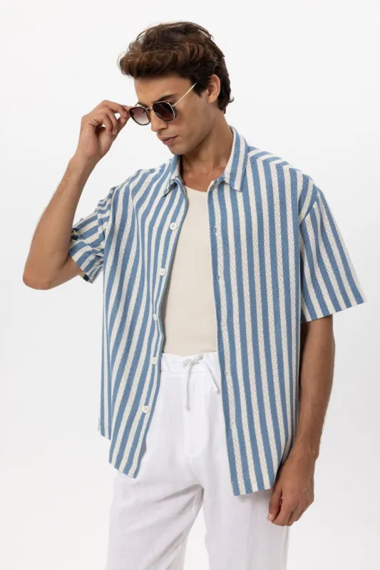 Men's Blue Oversized Knit Striped Shirt - Wessi sold by Wessi
