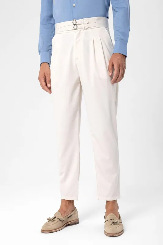 Men's Ecru High Waist Buckle Belt Pleated Fabric Trousers - Wessi sold by Wessi