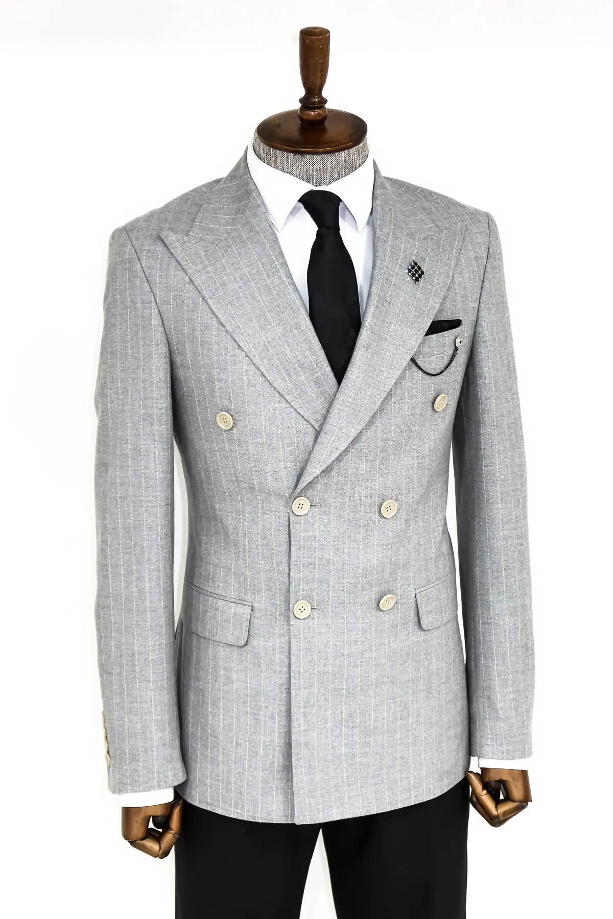 Striped Double Breasted Grey Men Blazer - Wessi sold by Wessi product image thumbnail 3