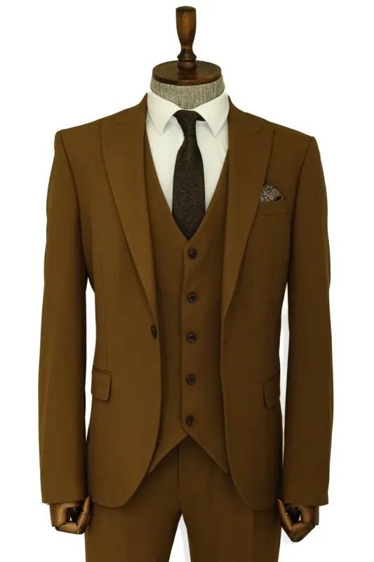 Three Piece Slim Fit Single Button Tan Men Suit sold by Wessi