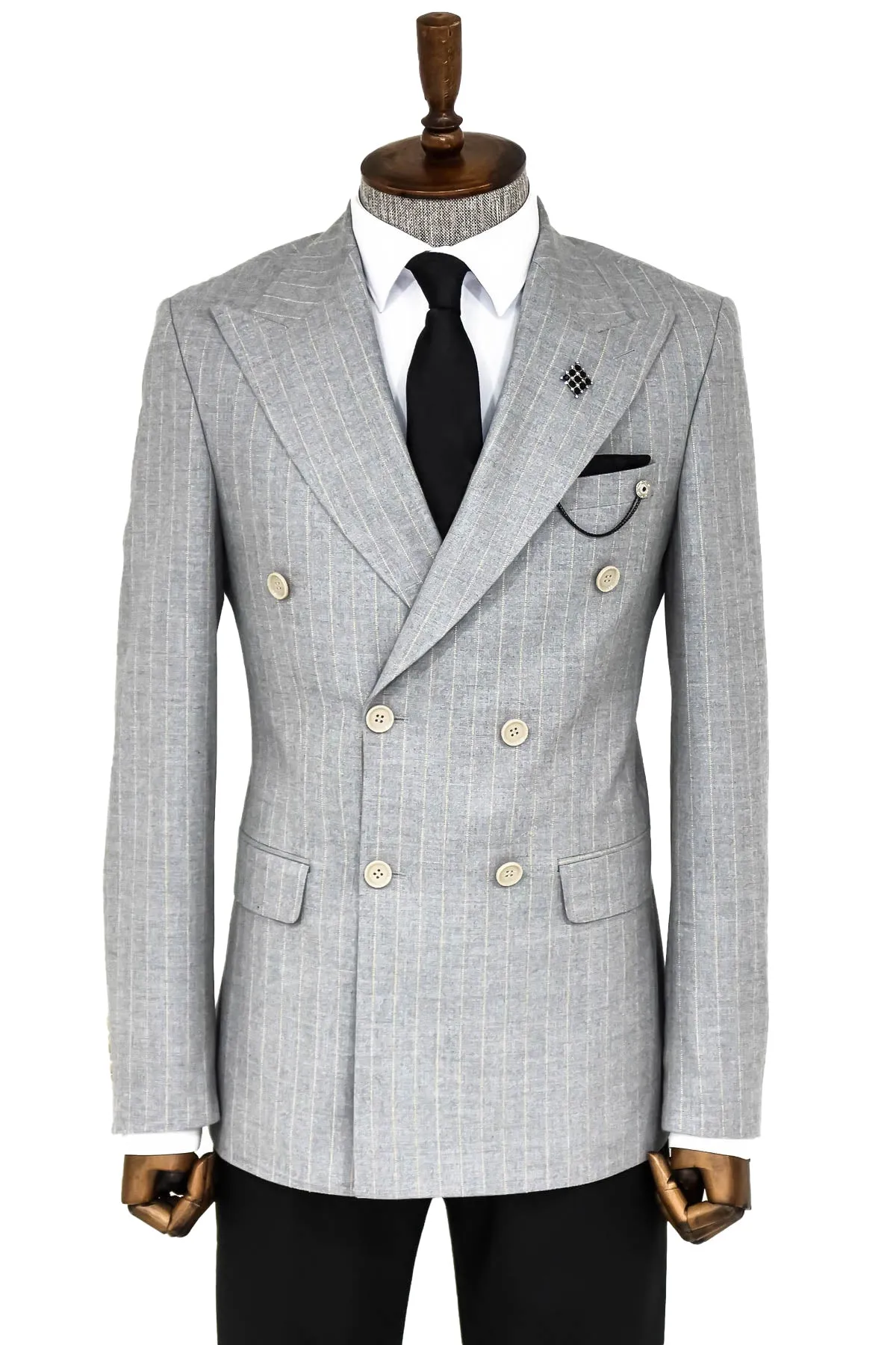 Striped Double Breasted Grey Men Blazer - Wessi sold by Wessi