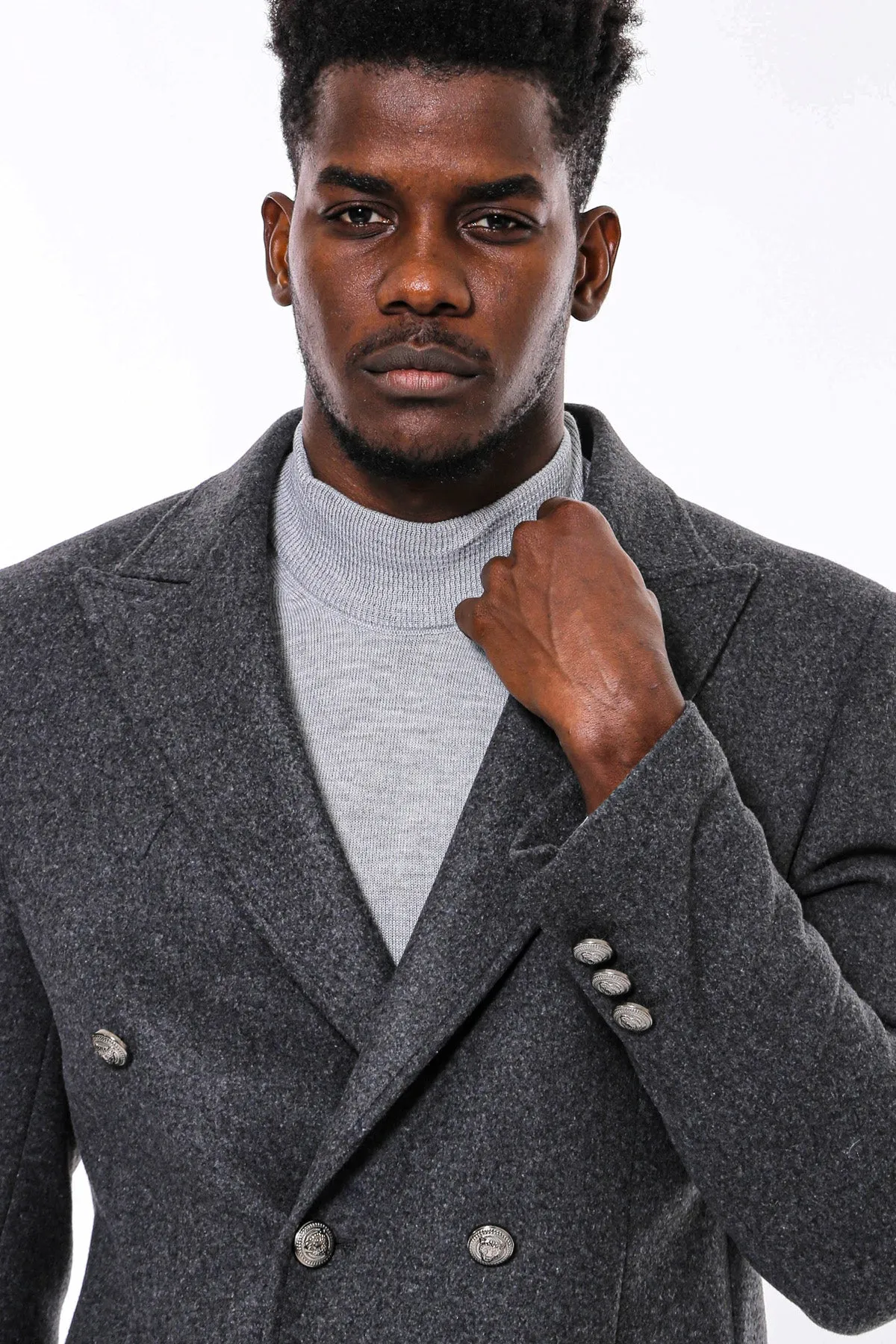 Dark Grey Metal Buttoned Double Breasted Long Coat - Wessi sold by Wessi product image thumbnail 2