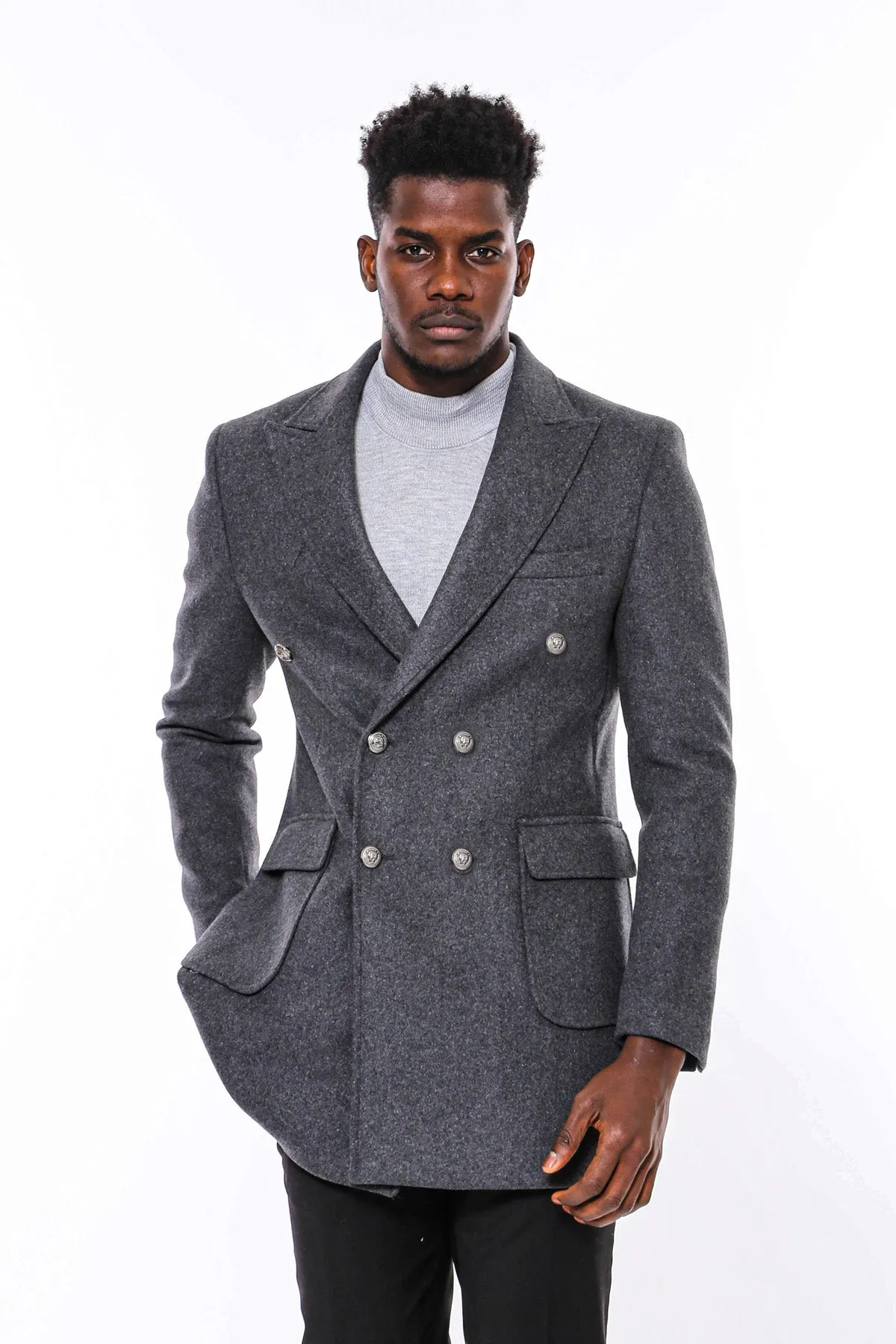 Dark Grey Metal Buttoned Double Breasted Long Coat - Wessi sold by Wessi product image thumbnail 3