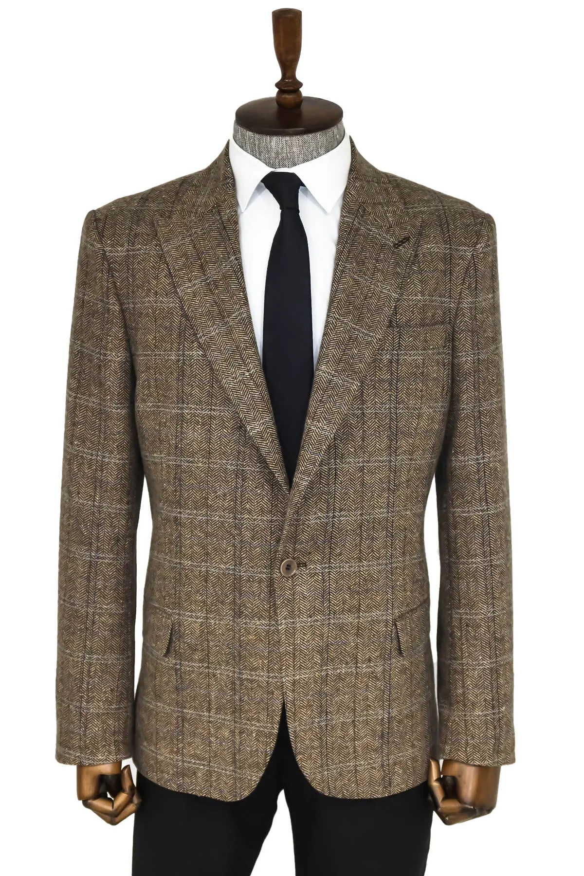 Herringbone Slim Fit Wool Brown Men Blazer - Wessi sold by Wessi