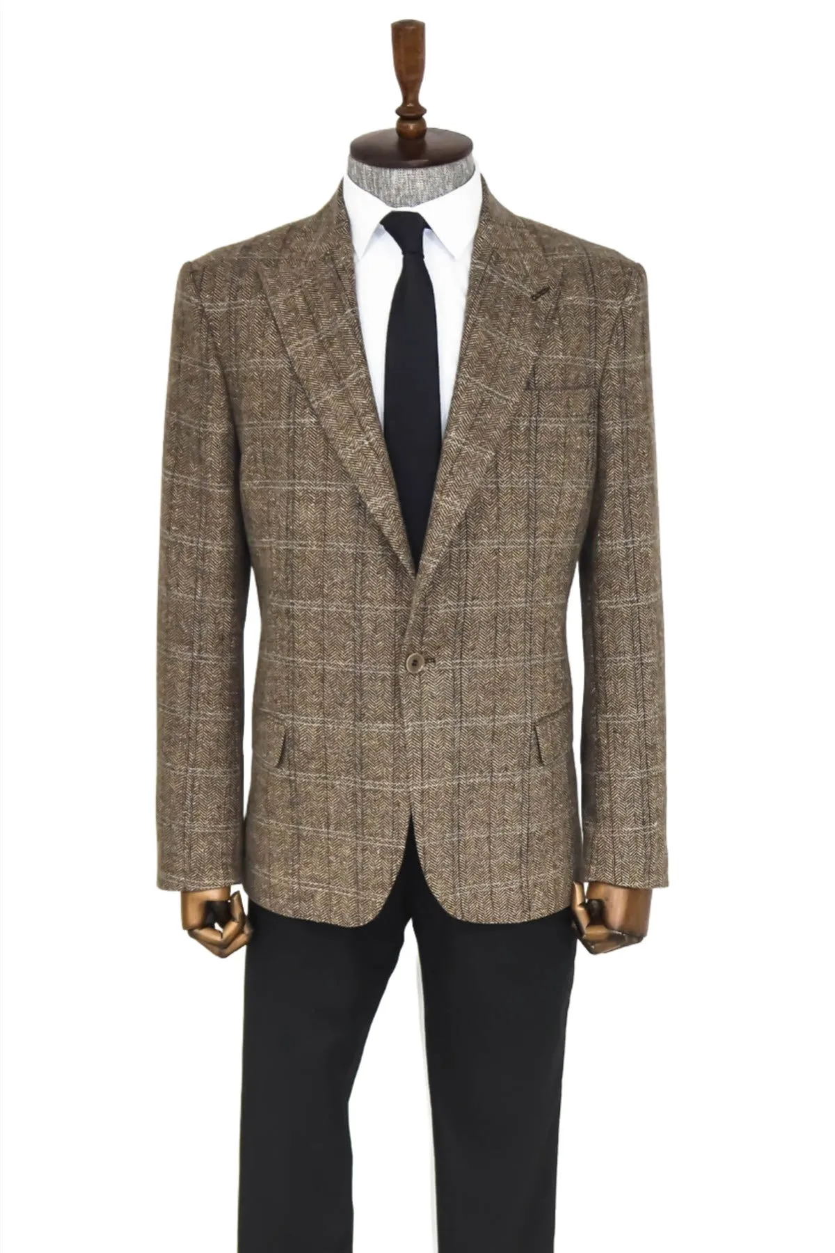 Herringbone Slim Fit Wool Brown Men Blazer - Wessi sold by Wessi product image thumbnail 3