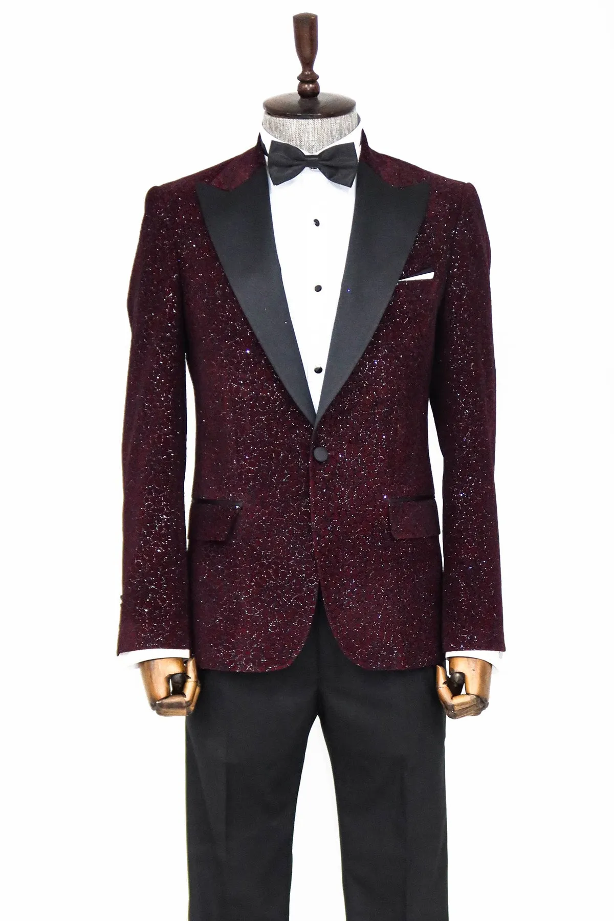Glitter Floral Patterned Burgundy Men Party Blazer - Wessi sold by Wessi