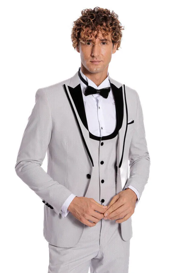 Velvet Lapel Vested Patterned Grey Men Tuxedo - Wessi sold by Wessi product image thumbnail 5