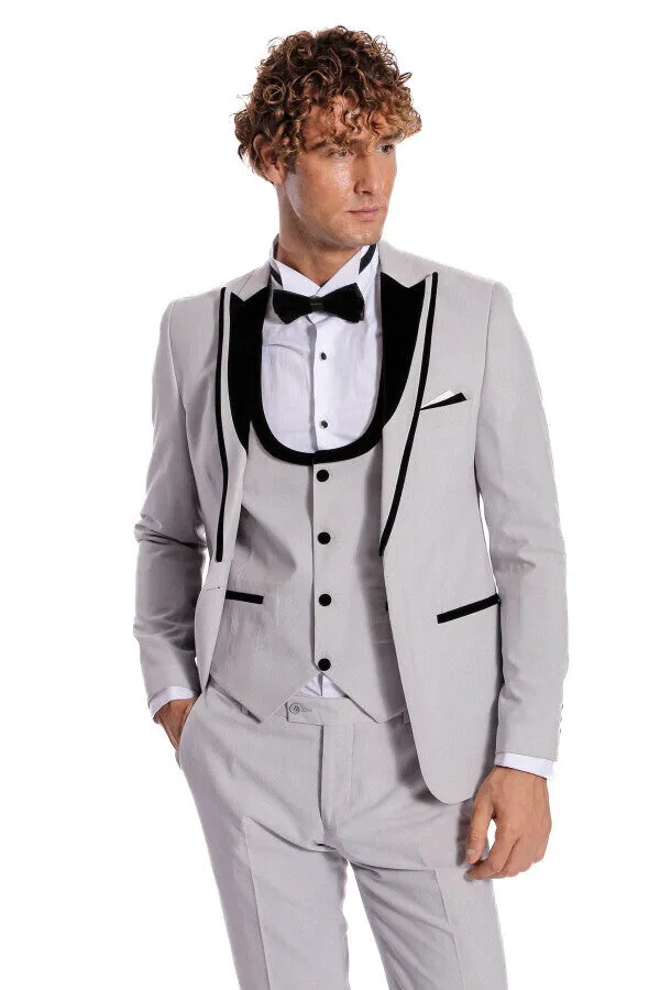 Velvet Lapel Vested Patterned Grey Men Tuxedo - Wessi sold by Wessi product image thumbnail 4