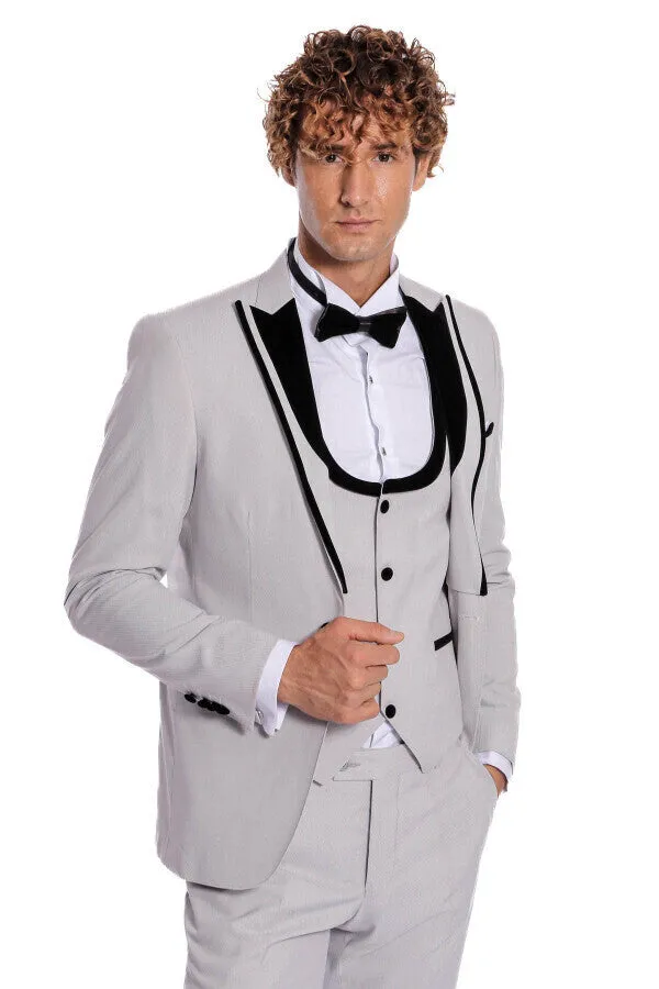 Velvet Lapel Vested Patterned Grey Men Tuxedo - Wessi sold by Wessi
