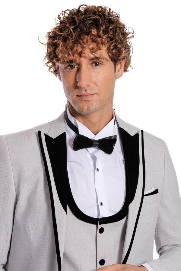 Velvet Lapel Vested Patterned Grey Men Tuxedo - Wessi sold by Wessi product image thumbnail 3