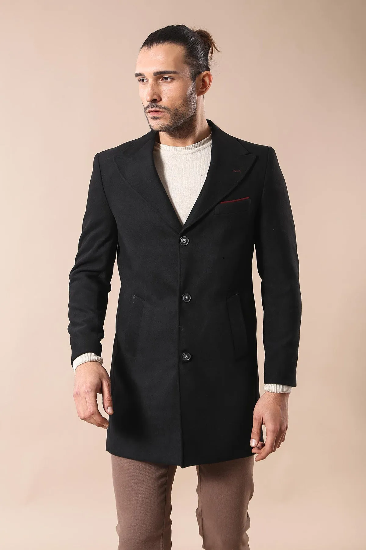 Wide Pointed Collar Over Knee Black Men Coat - Wessi sold by Wessi